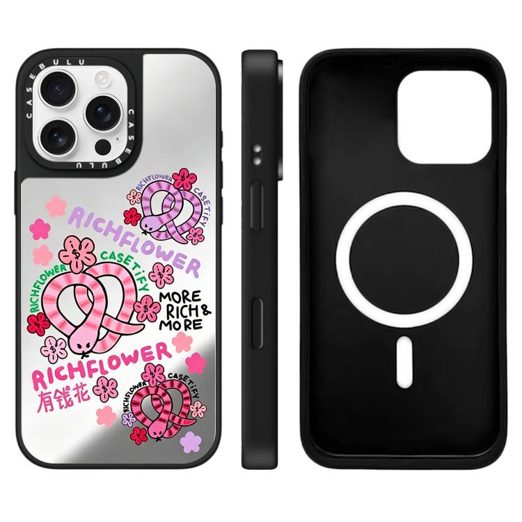 Custodia magnetica per telefono con specchio e motivo floreale., For iPhone 16 Pro Max, For iPhone 16 Pro, For iPhone 16 Plus