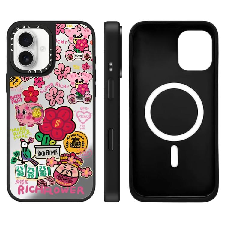 Custodia magnetica per telefono con specchio e motivo floreale., For iPhone 16, For iPhone 15 Pro Max, For iPhone 15 Pro