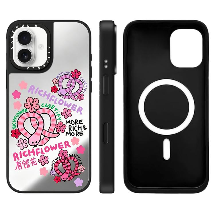 Custodia magnetica per telefono con specchio e motivo floreale., For iPhone 16, For iPhone 15 Pro Max, For iPhone 15 Pro