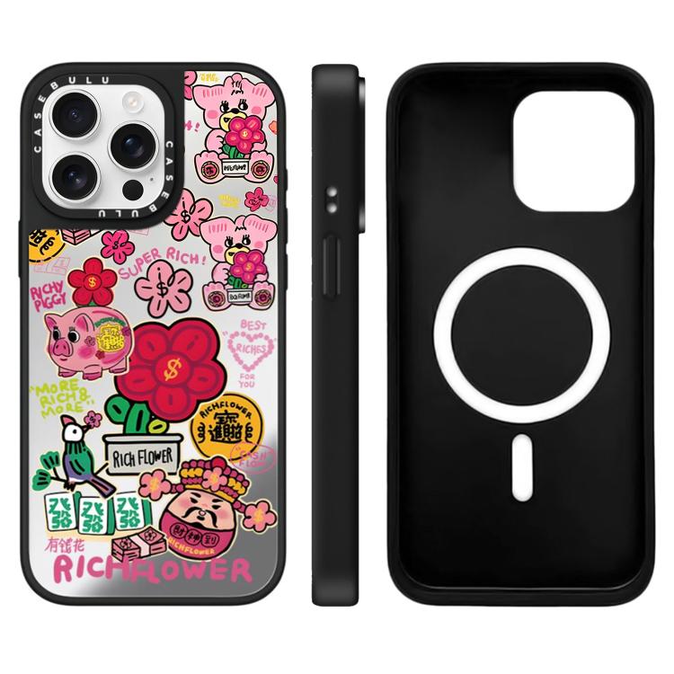 Custodia magnetica per telefono con specchio e motivo floreale., For iPhone 16, For iPhone 15 Pro Max, For iPhone 15 Pro