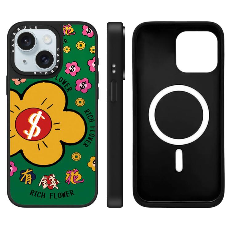 Custodia magnetica per telefono con specchio e motivo floreale., For iPhone 15 Plus, For iPhone 15