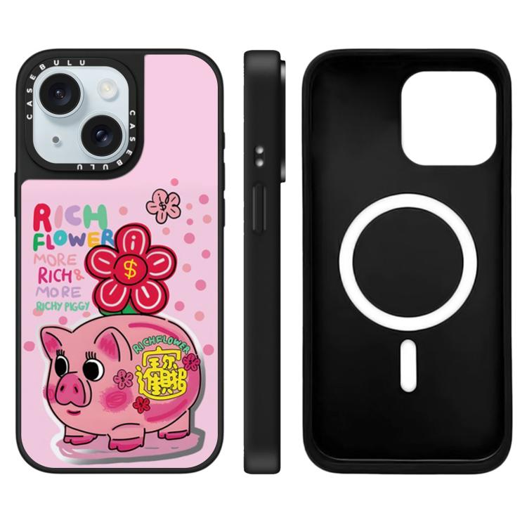 Custodia magnetica per telefono con specchio e motivo floreale., For iPhone 15 Plus, For iPhone 15