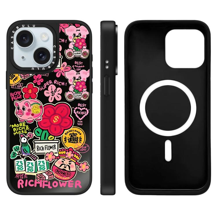 Custodia magnetica per telefono con specchio e motivo floreale., For iPhone 15 Plus, For iPhone 15