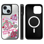 Custodia magnetica per telefono con specchio e motivo floreale., For iPhone 15 Plus, For iPhone 15