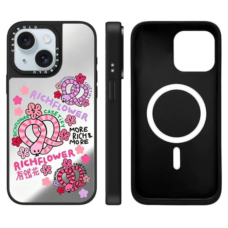 Custodia magnetica per telefono con specchio e motivo floreale., For iPhone 15 Plus, For iPhone 15