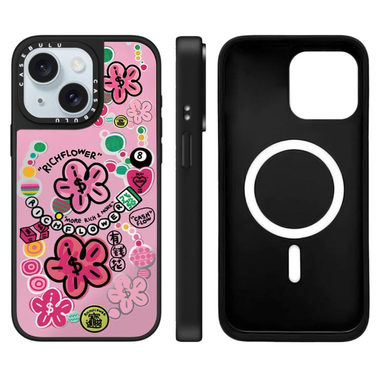 Custodia magnetica per telefono con specchio e motivo floreale., For iPhone 15 Plus, For iPhone 15