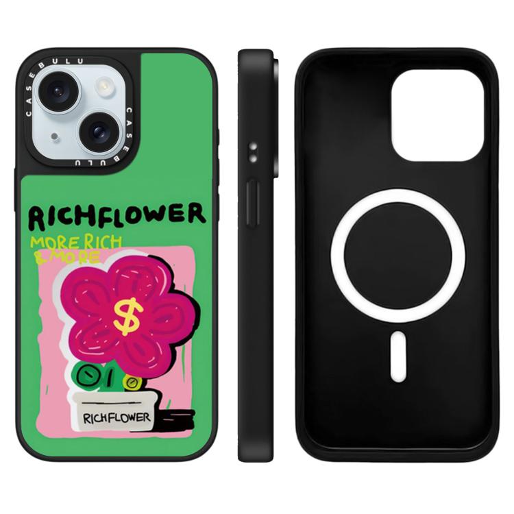 Custodia magnetica per telefono con specchio e motivo floreale., For iPhone 15 Plus, For iPhone 15