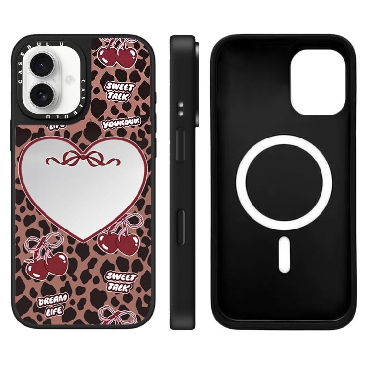 Custodia magnetica per telefono con specchio a specchio con motivo leopardato e ciliegie., For iPhone 16 Pro Max, For iPhone 16 Pro, For iPhone 16 Plus