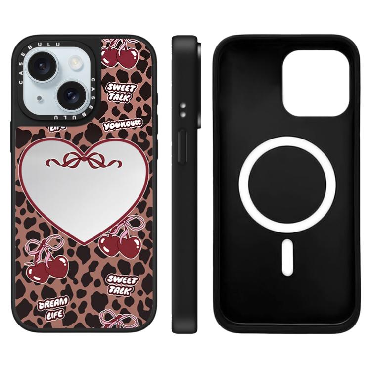 Custodia magnetica per telefono con specchio a specchio con motivo leopardato e ciliegie., For iPhone 15 Plus, For iPhone 15