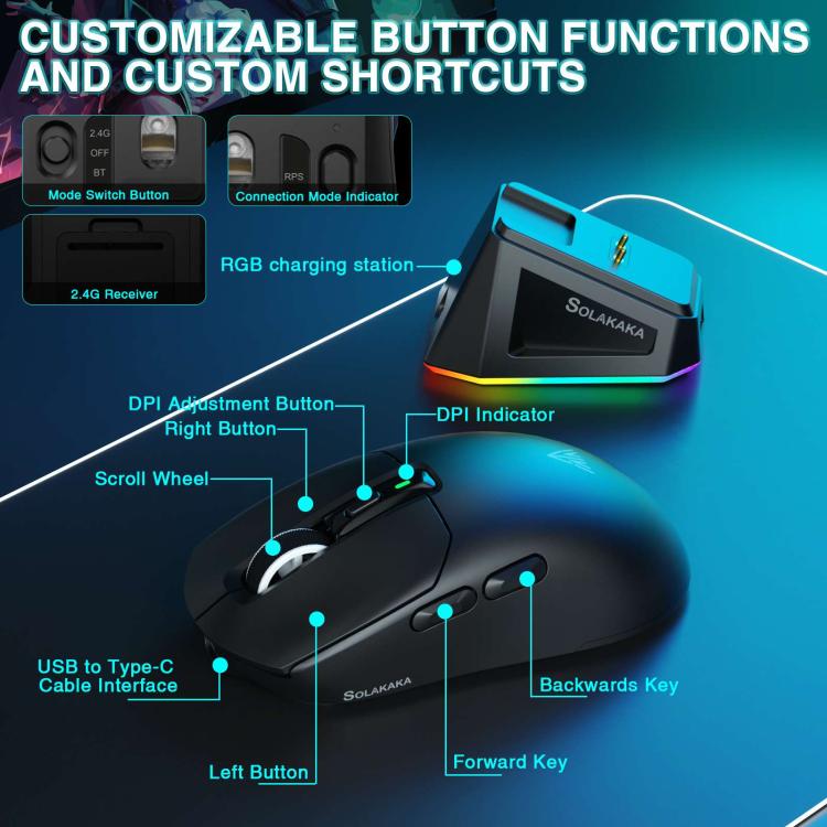 Mouse da gioco wireless SOLA SM820 Tri-Mode da 22000 DPI e 1000 Hz con base di ricarica RGB.