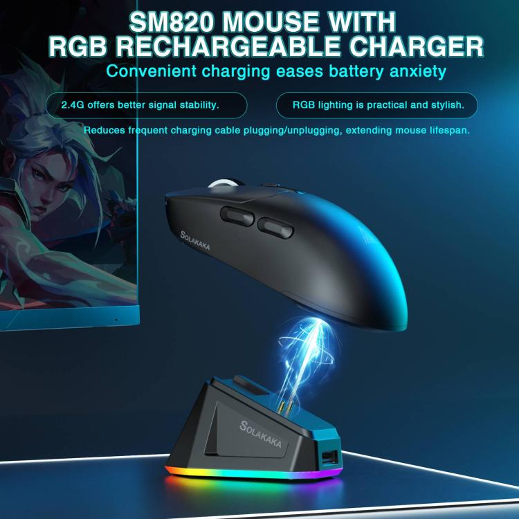 Mouse da gioco wireless SOLA SM820 Tri-Mode da 22000 DPI e 1000 Hz con base di ricarica RGB.