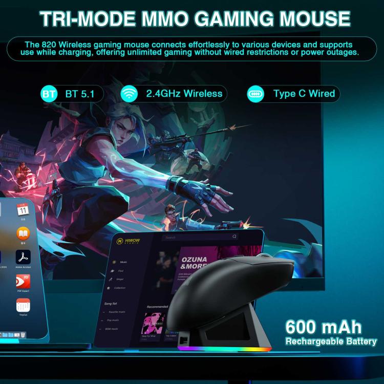 Mouse da gioco wireless SOLA SM820 Tri-Mode da 22000 DPI e 1000 Hz con base di ricarica RGB.
