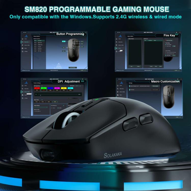 Mouse da gioco wireless SOLA SM820 Tri-Mode da 22000 DPI e 1000 Hz con base di ricarica RGB.