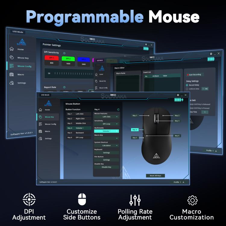 Mouse da gioco wireless SOLA SM822 Tri-Mode da 24000 DPI a 1000 Hz con base di ricarica RGB.