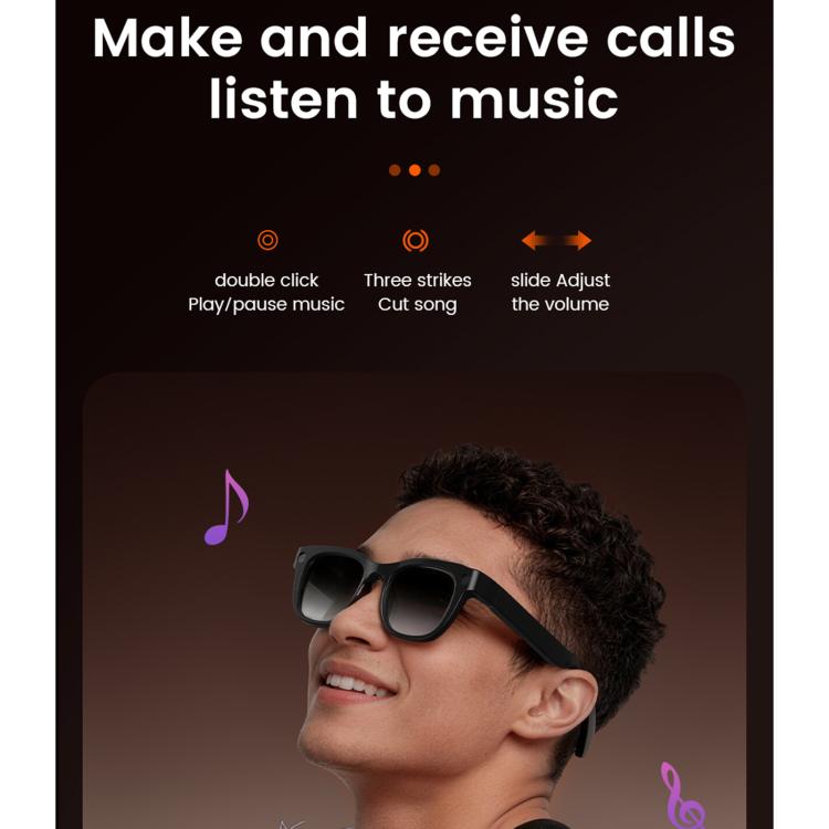 Occhiali intelligenti E06S da 13 MP 1080P con doppio altoparlante e intelligenza artificiale, supporto per musica e chiamate.