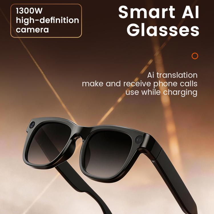 Occhiali intelligenti E06S da 13 MP 1080P con doppio altoparlante e intelligenza artificiale, supporto per musica e chiamate.
