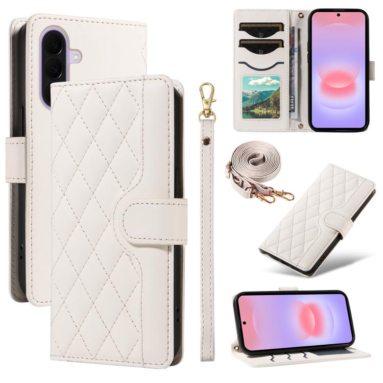 Custodia per telefono in pelle con griglia a rombi e tre scomparti per carte, con cinturini lunghi/corti., For Galaxy A27 5G