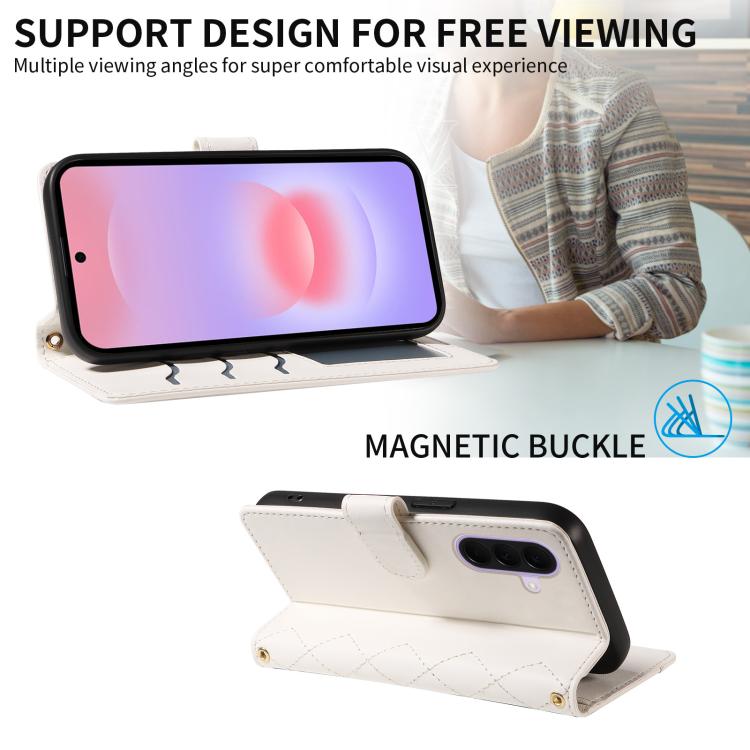 Custodia per telefono in pelle con griglia a rombi e tre scomparti per carte, con cinturini lunghi/corti., For Galaxy A27 5G