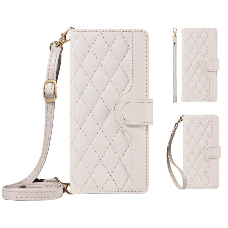 Custodia per telefono in pelle con griglia a rombi e tre scomparti per carte, con cinturini lunghi/corti., For Galaxy A27 5G