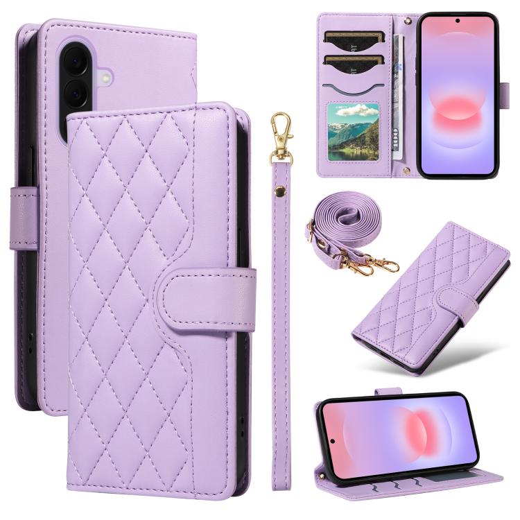 Custodia per telefono in pelle con griglia a rombi e tre scomparti per carte, con cinturini lunghi/corti., For Galaxy A27 5G