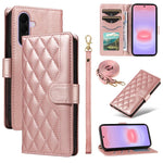 Custodia per telefono in pelle con griglia a rombi e tre scomparti per carte, con cinturini lunghi/corti., For Galaxy A27 5G