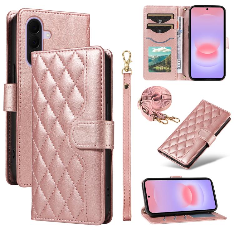 Custodia per telefono in pelle con griglia a rombi e tre scomparti per carte, con cinturini lunghi/corti., For Galaxy A27 5G