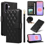Custodia per telefono in pelle con griglia a rombi e tre scomparti per carte, con cinturini lunghi/corti., For Galaxy A27 5G