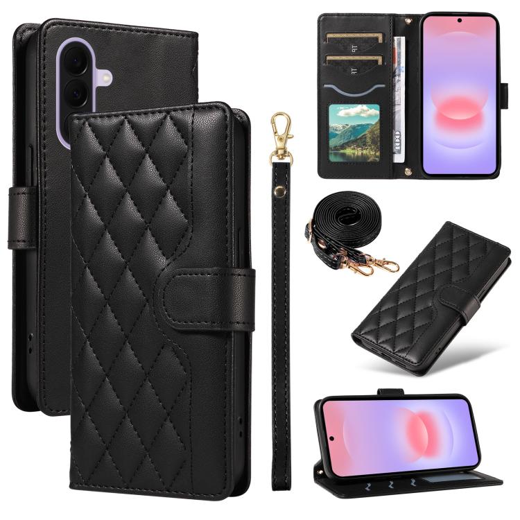 Custodia per telefono in pelle con griglia a rombi e tre scomparti per carte, con cinturini lunghi/corti., For Galaxy A27 5G