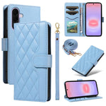 Custodia per telefono in pelle con griglia a rombi e tre scomparti per carte, con cinturini lunghi/corti., For Galaxy A27 5G