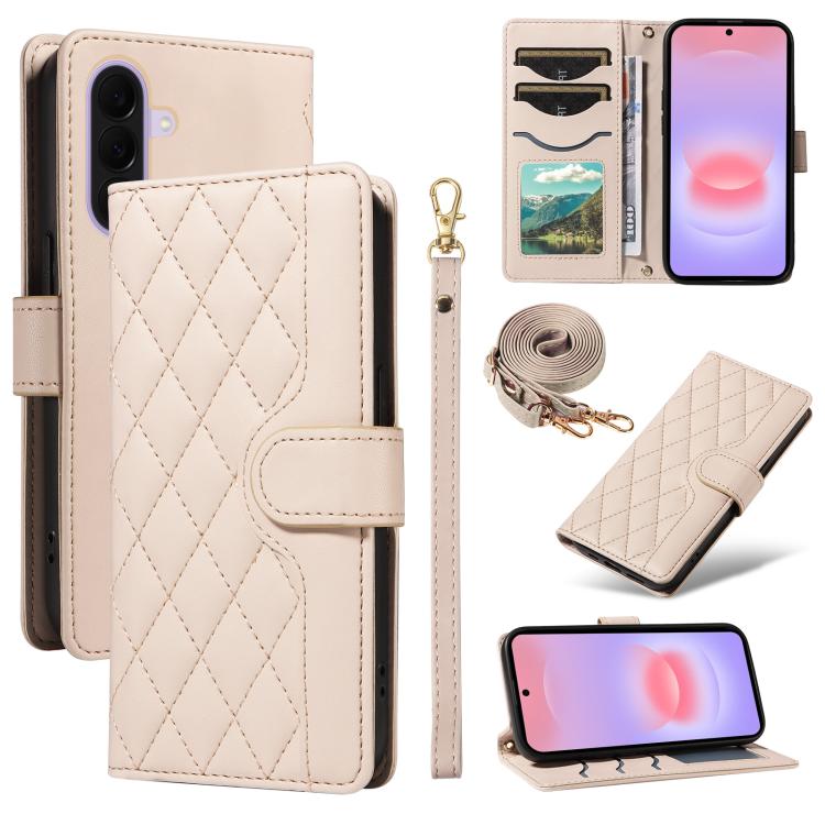 Custodia per telefono in pelle con griglia a rombi e tre scomparti per carte, con cinturini lunghi/corti., For Galaxy A27 5G