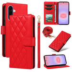 Custodia per telefono in pelle con griglia a rombi e tre scomparti per carte, con cinturini lunghi/corti., For Galaxy A27 5G