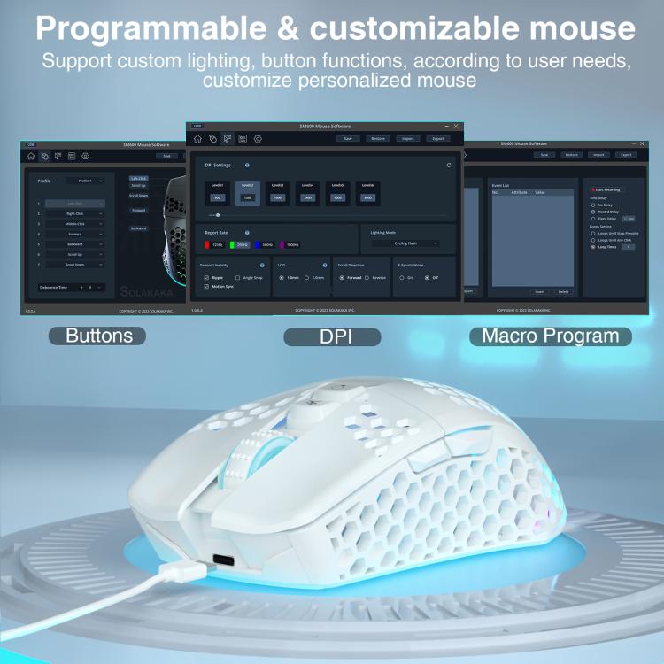 Mouse da gioco wireless SOLAKAKA SM600 con design cavo e illuminazione RGB a tre modalità.