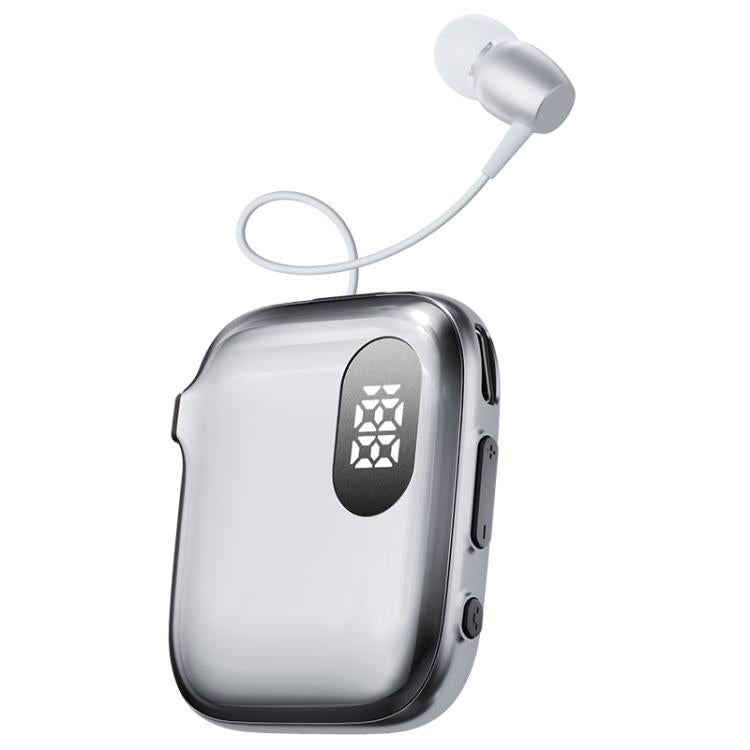 Auricolare Bluetooth lavalier QRSC-K91 AI Edition con display digitale a LED e cavo retrattile da 32 cm.