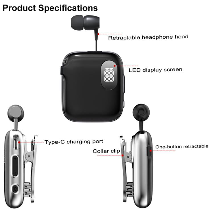 Auricolare Bluetooth lavalier QRSC-K91 AI Edition con display digitale a LED e cavo retrattile da 32 cm.