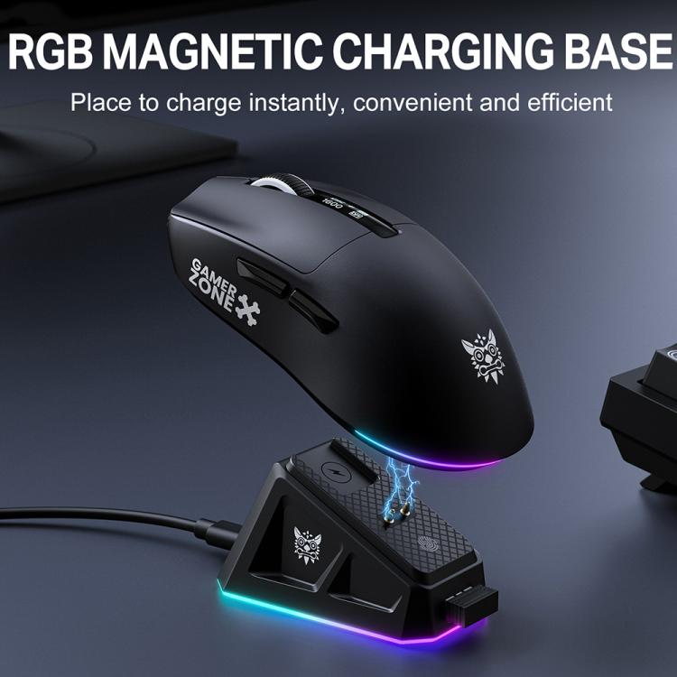 Mouse ONIKUMA DM07 da 24000 DPI, 2,4 GHz, wireless e cablato, con base di ricarica magnetica RGB.