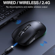 Mouse ONIKUMA DM07 da 24000 DPI, 2,4 GHz, wireless e cablato, con base di ricarica magnetica RGB.
