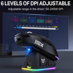 Mouse ONIKUMA DM07 da 24000 DPI, 2,4 GHz, wireless e cablato, con base di ricarica magnetica RGB.