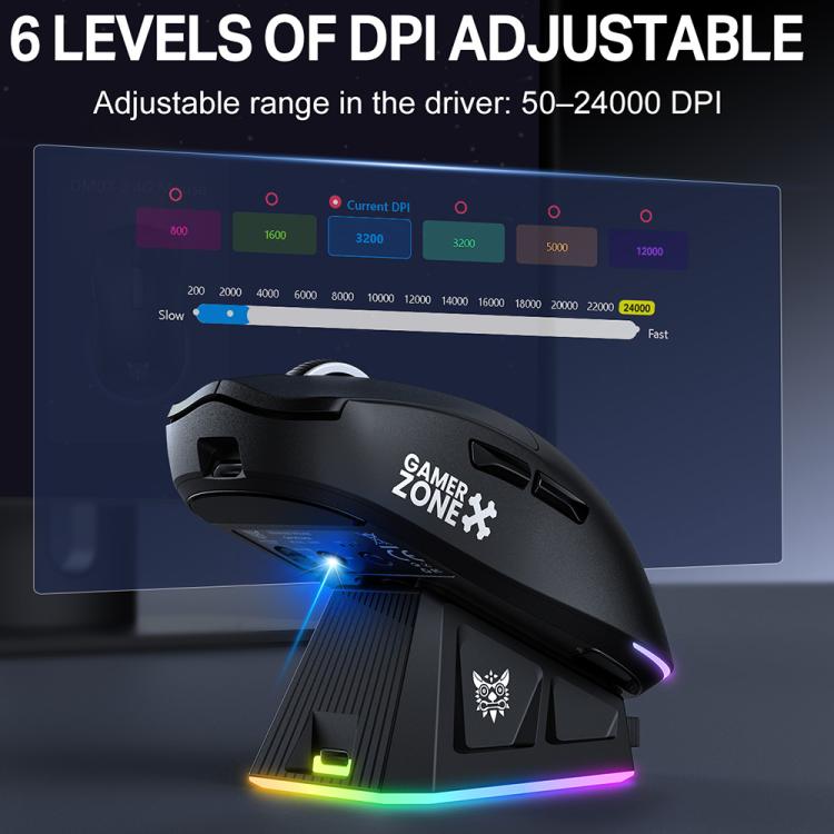 Mouse ONIKUMA DM07 da 24000 DPI, 2,4 GHz, wireless e cablato, con base di ricarica magnetica RGB.