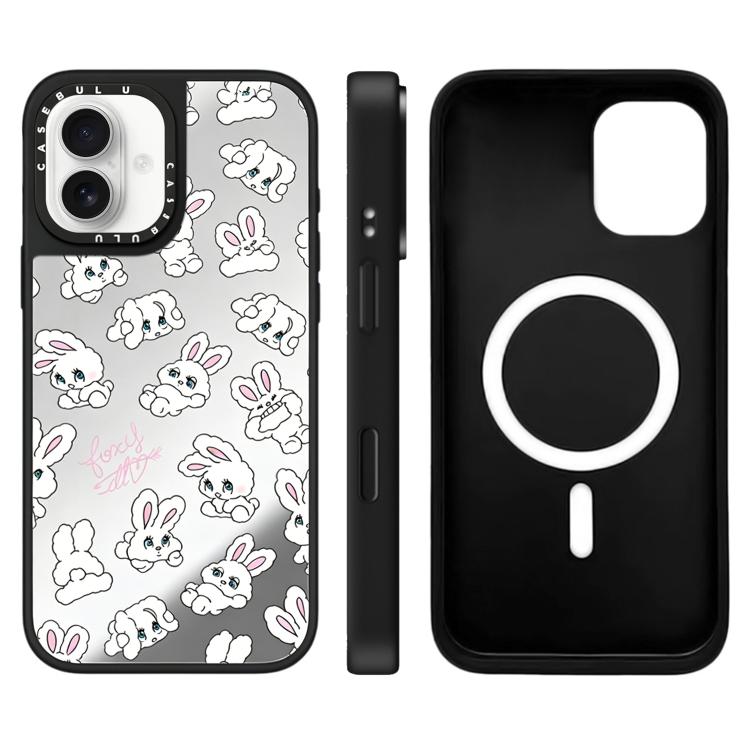 Custodia magnetica per telefono con specchio a specchio e motivo coniglietto, For iPhone 16 Pro Max, For iPhone 16 Pro, For iPhone 16 Plus