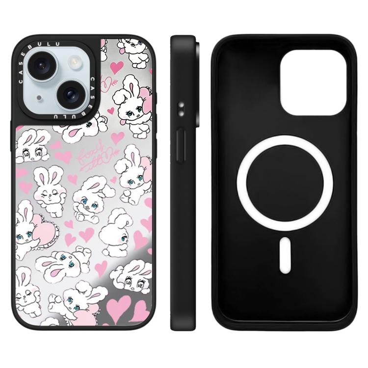 Custodia magnetica per telefono con specchio a specchio e motivo coniglietto, For iPhone 15 Plus, For iPhone 15