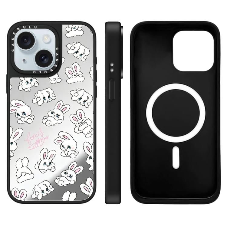 Custodia magnetica per telefono con specchio a specchio e motivo coniglietto, For iPhone 15 Plus, For iPhone 15