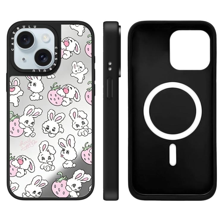 Custodia magnetica per telefono con specchio a specchio e motivo coniglietto, For iPhone 15 Plus, For iPhone 15