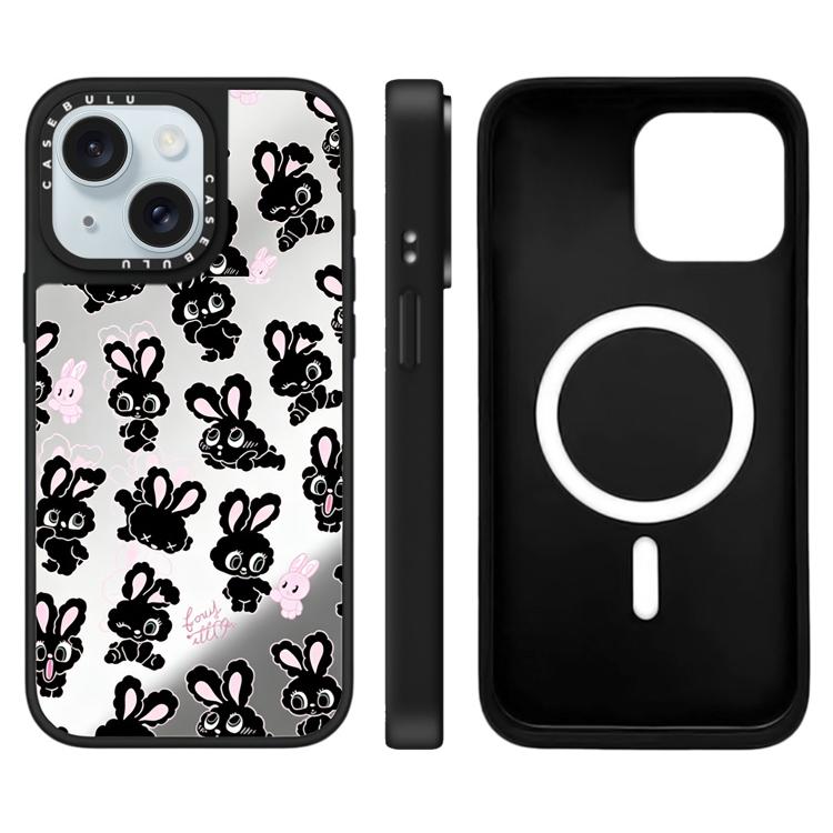 Custodia magnetica per telefono con specchio a specchio e motivo coniglietto, For iPhone 15 Plus, For iPhone 15