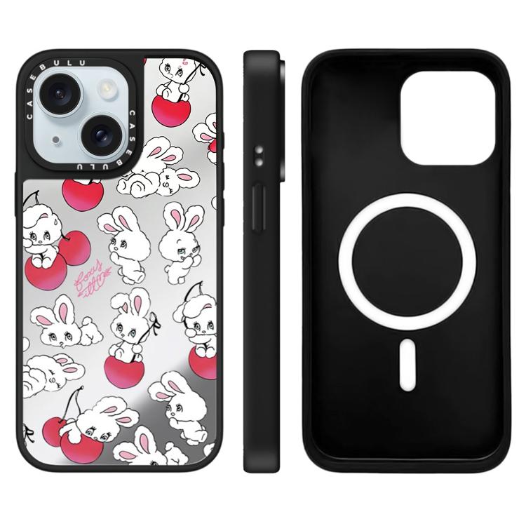 Custodia magnetica per telefono con specchio a specchio e motivo coniglietto, For iPhone 15 Plus, For iPhone 15
