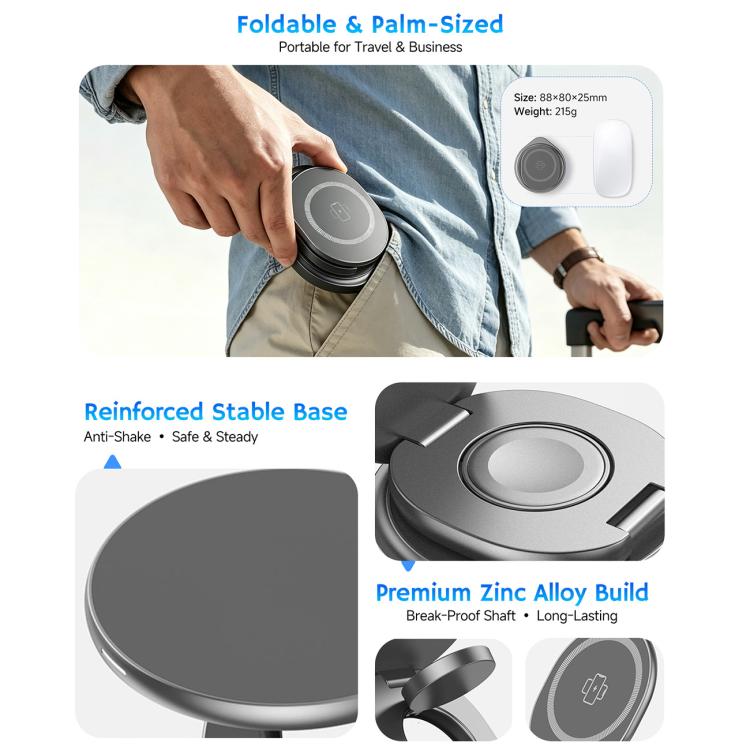 HAMTOD M27 15W Supporto di ricarica wireless magnetico in metallo girevole e pieghevole 3 in 1