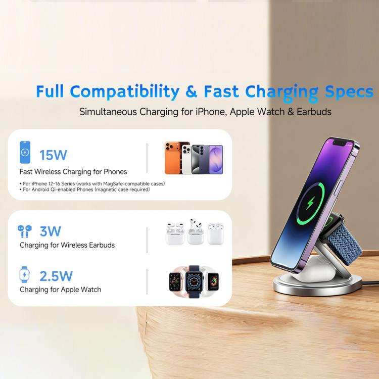 HAMTOD M27 15W Supporto di ricarica wireless magnetico in metallo girevole e pieghevole 3 in 1