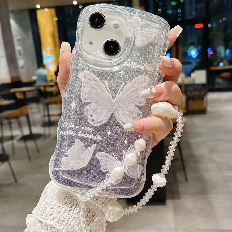 Custodia per telefono in TPU con farfalla glitterata ondulata e catena a bracciale, For iPhone 16 Pro Max, For iPhone 16 Pro, For iPhone 16 Plus, For iPhone 16, For iPhone 15 Pro Max, For iPhone 15 Pro, For iPhone 15 Plus, For iPhone 15                ...