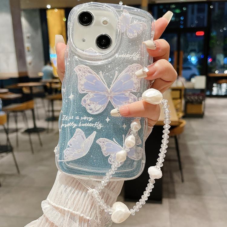 Custodia per telefono in TPU con farfalla glitterata ondulata e catena a bracciale, For iPhone 16 Pro Max, For iPhone 16 Pro, For iPhone 16 Plus, For iPhone 16, For iPhone 15 Pro Max, For iPhone 15 Pro, For iPhone 15 Plus, For iPhone 15                ...