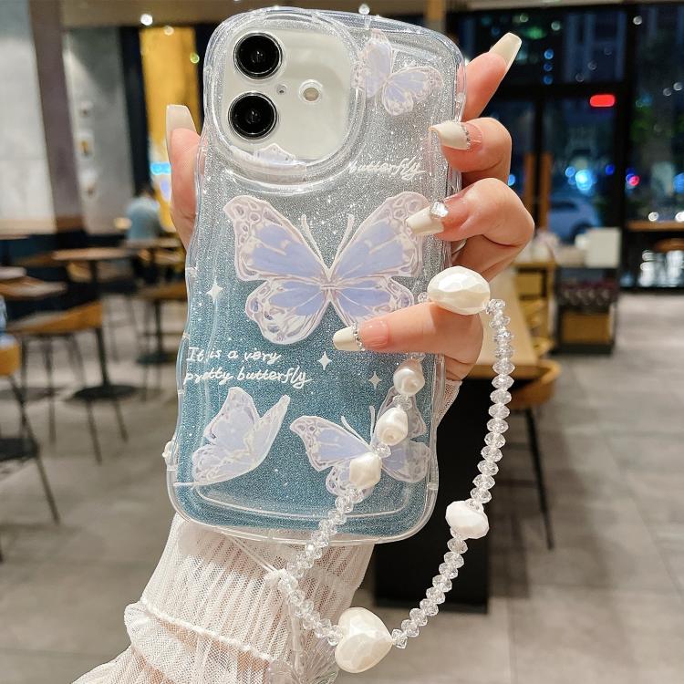 Custodia per telefono in TPU con farfalla glitterata ondulata e catena a bracciale, For iPhone 16 Pro Max, For iPhone 16 Pro, For iPhone 16 Plus, For iPhone 16, For iPhone 15 Pro Max, For iPhone 15 Pro, For iPhone 15 Plus, For iPhone 15                ...