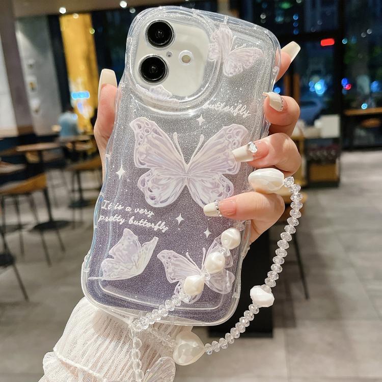 Custodia per telefono in TPU con farfalla glitterata ondulata e catena a bracciale, For iPhone 16 Pro Max, For iPhone 16 Pro, For iPhone 16 Plus, For iPhone 16, For iPhone 15 Pro Max, For iPhone 15 Pro, For iPhone 15 Plus, For iPhone 15                ...